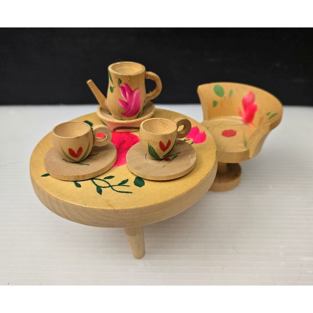 Vintage Hand Painted Wooden Dollhouse Table Chair & Tea Set Pink Floral 8 Pieces